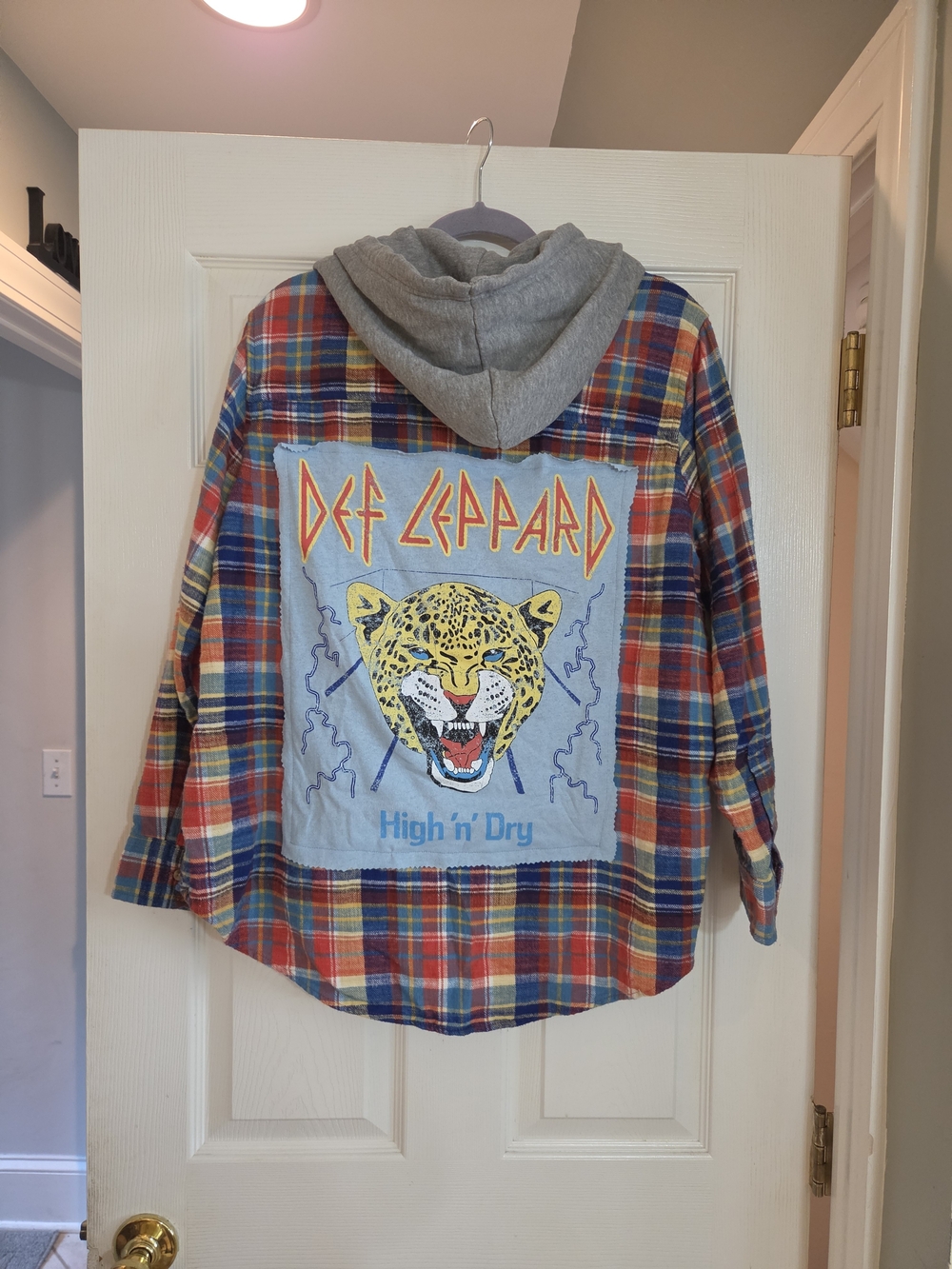 Upcycled With DEF LEPPARD PRINT Plaid Hooded Shirt Jacket - Multi-Color